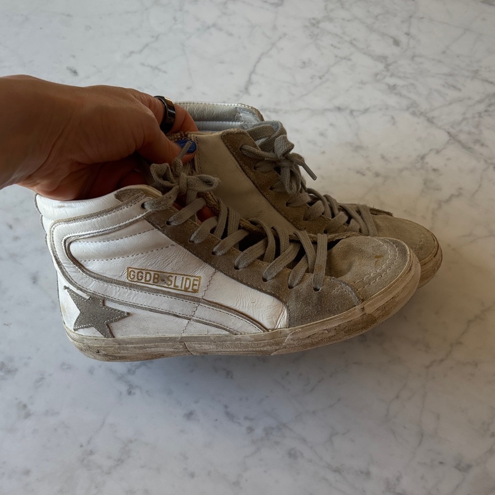 Golden Goose White and Tan Slide High-Top Sneakers size 35
